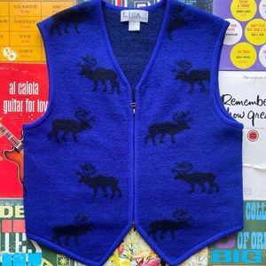 Vintage Blue 100% Boiled Wool Vest W/ Black Moose